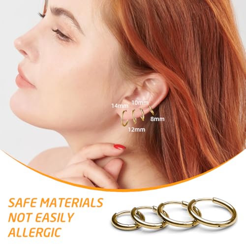 HASTHIP® 4 Pairs Hoops Earrings for Women Men Stylish Gold Stainless Steel Hoop Earrings 8mm/10mm/12mm/14mm Hoop Ear Rings Fashion Couple Jewellery Earrings set Birthday Gift for Men Women Girls