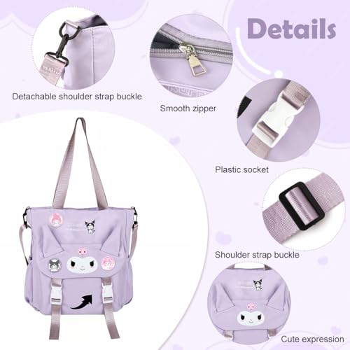 HASTHIP® Kawaii Tote Bag for Girls Kuromi Nylon Shoulder Bag School Girls Book Bag Casual Hand Bag with Removable Shoulder Strap Travel Shoulder Bag Birthday Gift Christmas Gift for Kids, 30x32x9cm