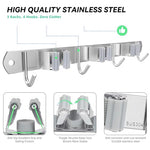 HASTHIP® Broom Holder Wall Mounted, Stainless Steel Mop and Broom Organizer with 3 Racks & 4 Hooks, Heavy Duty Wall Storage for Kitchen Bathroom Garage Garden Laundry Room