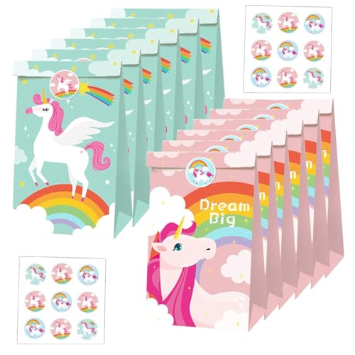 HASTHIP® 12Pcs Unicorn Gift Bags, Paper Gift Bags 2 Designs Candy Gift Packages with 18Pcs Unicorn Stickers Birthday Party Supplies Token Gift Gift Bags
