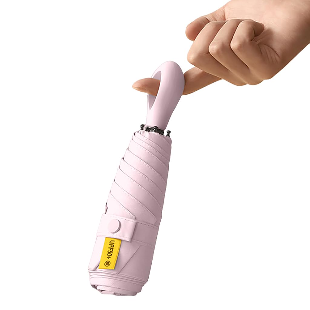 HASTHIP® Mini Sun Umbrella Automatic Open, UPF 50+ Automatic Open/Close Windproof Travel Folding Umbrella with 6 Strong Ribs Design, 99 UV Protection Fashion Outdoor Umbrella with Hanging Handle, Pink