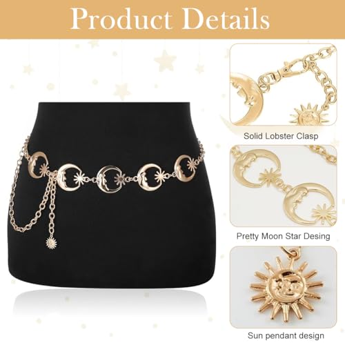 HASTHIP® Gold Waist Chain Belt for Women,Moon Star Metal Waist Chain for Dresses Saree Jeans,Adjustable Body Fashion Belt Party Suit Blazer or Evening Gown