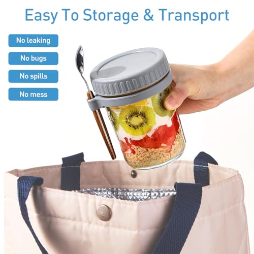 HASTHIP® 4 Pack Overnight Oats Containers with Lids and Spoons, 12oz Glass Mason Overnight Oats Jars, Large Capacity Airtight Jars for Milk, Cereal, Fruit
