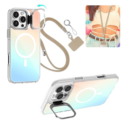 HASTHIP® Compatible with iPhone 16 Pro Phone Case with Nylon Lanyard for iPhone 16 Pro Support MagSafe Fashion Translucent Magnetic Phone Case with 2 in 1 Folding Camera Protective Frame Phone Holder