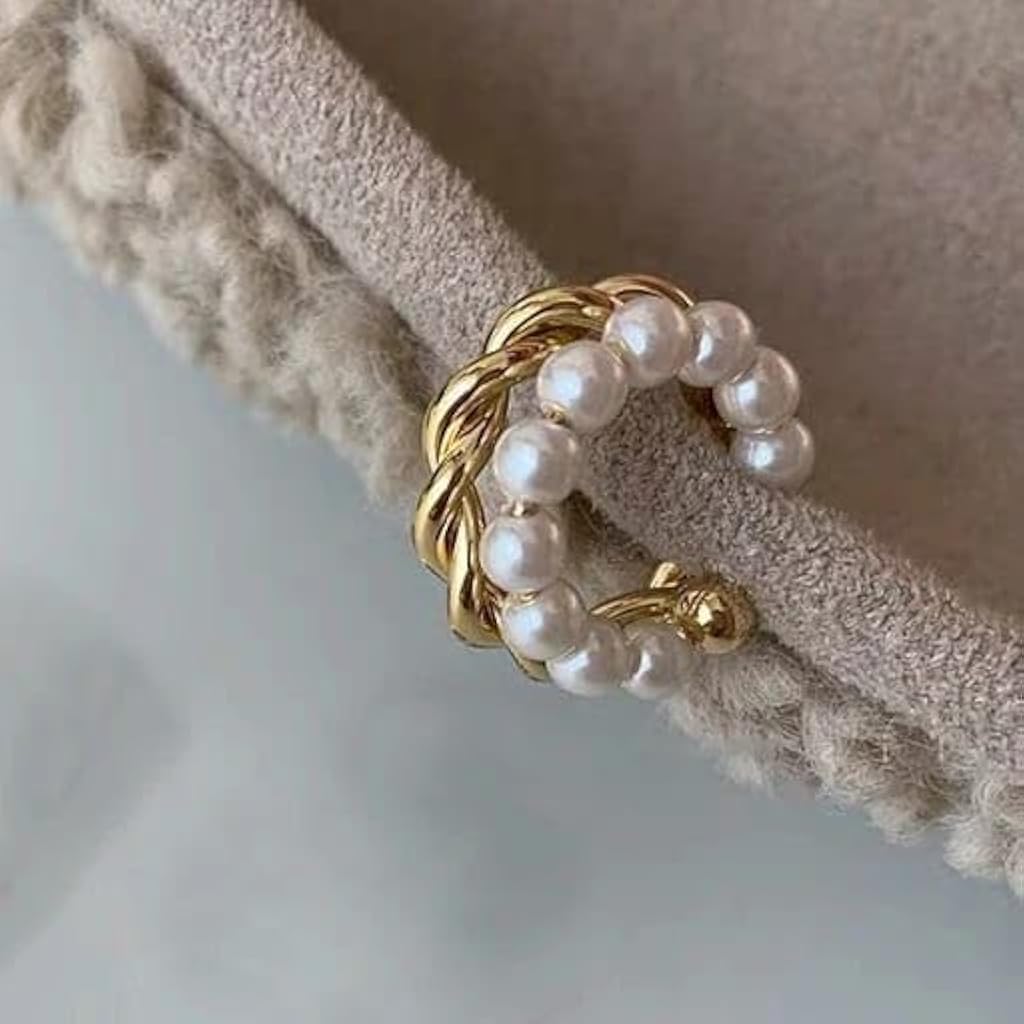 HASTHIP® Pendientes de Clip Trenzados con Perlas sin Perforación, Aros Abiertos Dorados Hipoalergénicos para Mujer, Cuffs Ajustables Ligeros, Joyería Minimalista Moderna Regalo Elegante