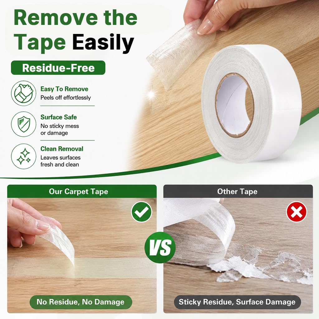 HASTHIP Double-Sided Carpet Tape with PTFE Cutter for Rugs and Multiple Floor Surfaces