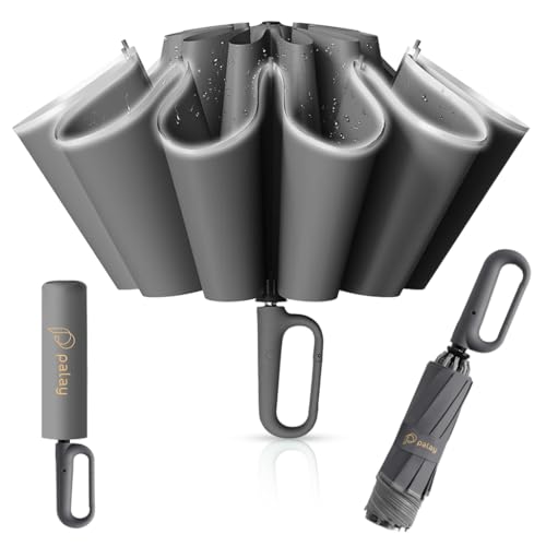 HASTHIP® Large Travel Umbrella with Reflective Strip, Auto Open Close 3-Fold Compact Umbrella, Carabiner Handle, 10 Dual Ribs Reinforced, Windproof Waterproof Sun UV Protection for Men Women