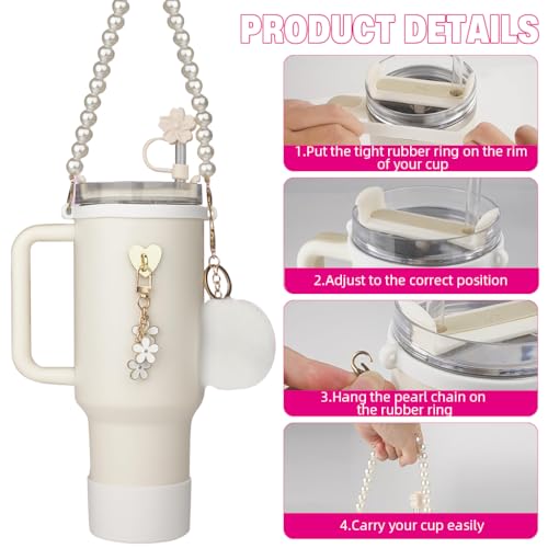 HASTHIP® For Stanley Cup Accessories Charm Kit Set 14PCS Sakura Silicone Straw Cap White Pearl Chain Handle Bottom Sleeve Cup NOT Included