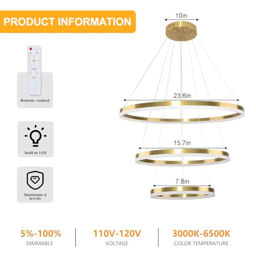 HASTHIP® Modern LED Chandelier for Living Room 55W Geometric Hanging Lamp Multi Ring Hanging Lamp with Remote Control Dimmable Ceiling Light for Living Room, Dining Room