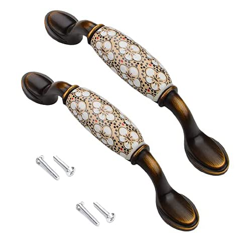 2PCS Ceramic Door Handle Gold Antique Finish, Zinc Alloy Antique Bronze Plated for Wood Wardrobe Cabinet Drawer Home Decoration with Screws (Size 5.67 Inch, Yellow Flower Hand Painted)