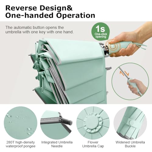 HASTHIP® Auto 3-Fold Large Umbrella with Reflective Strip, 50'' Compact Travel Umbrella, One-Touch Open/Close, Reinforced 10 Dual Ribs, Sun Protection 99 UV & Rain & Windproof for Men Women (Mint