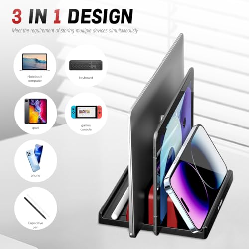HASTHIP® Laptop Stand with Silicone to Protect Notebook Vertical Laptop Holder for Desk with Sizes Adjustable Dual Slots Laptop Table Stand for iPad Macbook Stand Phone Stand Devices Organizer Rack