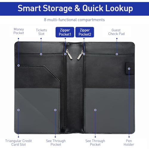 HASTHIP® Cheque Book Holder, Server Book with Zipper Pockets, Bill Folder for Restaurant, Serving Waitress Accessories Fit Server Apron (Black)