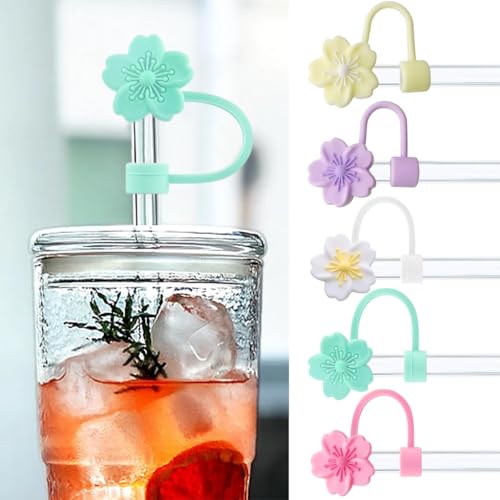 HASTHIP® 10PCS Flower Silicone Straw Caps for Stanley 30 40 Oz Cups Accessories Cherry Blossom Universal 10mm Covers for Glass Straws Dust-Proof Water Bottle