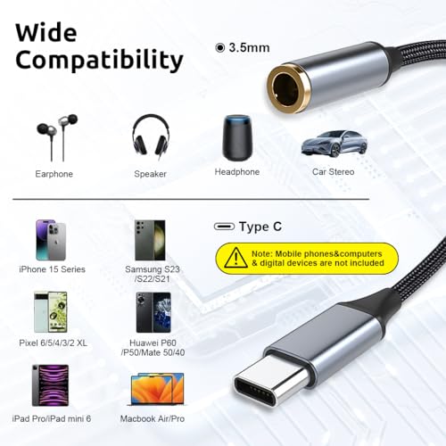 HASTHIP® BrandName USB C to 3.5mm Audio Adapter,Type C to Aux Headphone Jack Dongle,HiFi DAC Nylon Braided USB-C 3.5mm Audio Cable Compatible with iPhone 16 Samsung Galaxy S23/S22/S21 Ultra iPad Pro