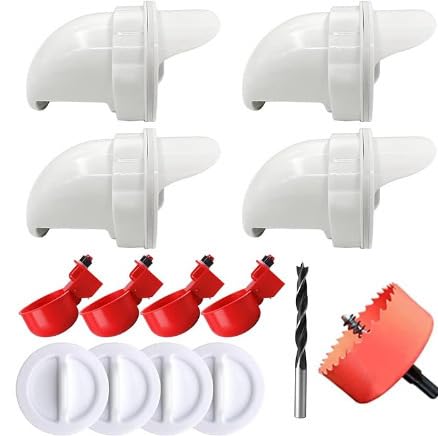 HASTHIP® Chicken Feeder Kit DIY Poultry Feeder and Waterer Kit Includes 4Pcs Feeder Ports with 4 Seal Caps, Automatic Waterer Cups, Drill Saw & Bit, Food Grade Material
