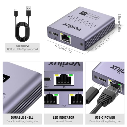 HASTHIP® 1000Mbps RJ45 Gigabit Ethernet Switch, 2-Port Network Splitter, Unmanaged Plug & Play Adapter, LAN Cable Extender, Compatible with PC, Router, TV Box, Game Console, Internet Connector