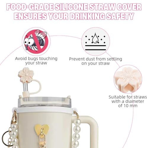 HASTHIP® For Stanley Cup Accessories Charm Kit Set 14PCS Sakura Silicone Straw Cap White Pearl Chain Handle Bottom Sleeve Cup NOT Included