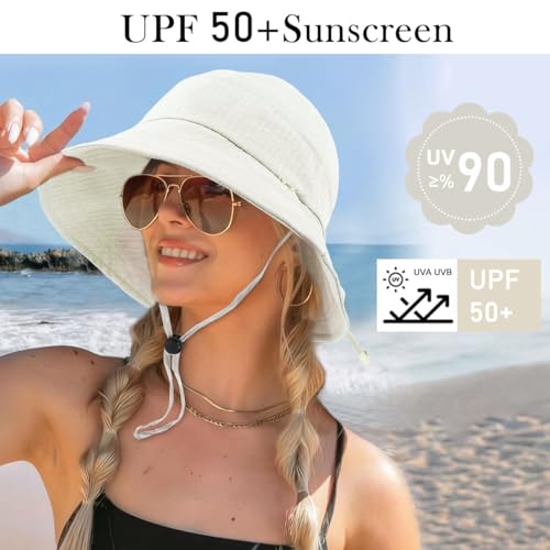 HASTHIP® Sun Hats for Women, Wide Brim Bucket Hat UV Protection Beach Hat for Women with Chin Strap, Outdoor Casual Womens Hats, Adjustable Tie-Back