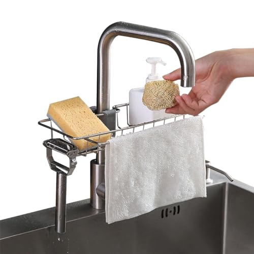 HASTHIP® BrandName Kitchen Sink Caddy Organizer – Large Detachable Stainless Steel Faucet Rack, Hanging Sponge Holder for Drainage, Soap, Scrubbers, Kitchen & Bathroom (15x17cm)