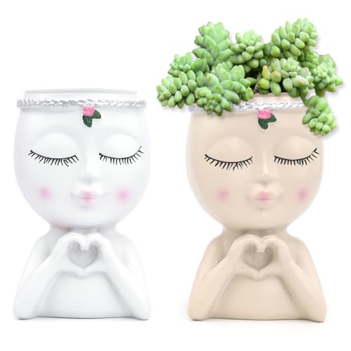 HASTHIP® 2Pcs Desk Succulents Planter Decorative Flower Vase Meditative Smile Face Small Vase Planter Multipurpose PVC Desk Decor Organizer Makeup Brush Holder Pen Holder Home Gift, Beige & Brown