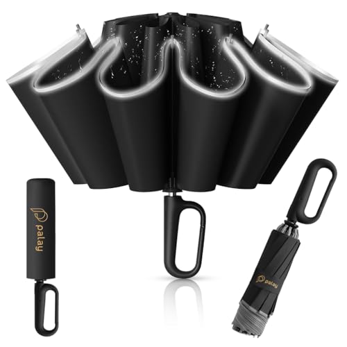 HASTHIP® 50 Inch Large Travel Umbrella with Reflective Strip, Auto Open Close 3-Fold Compact Windproof Sun & Rain Umbrella, 10 Dual Ribs Reinforced Canopy, UV Protection for Men Women (Black)