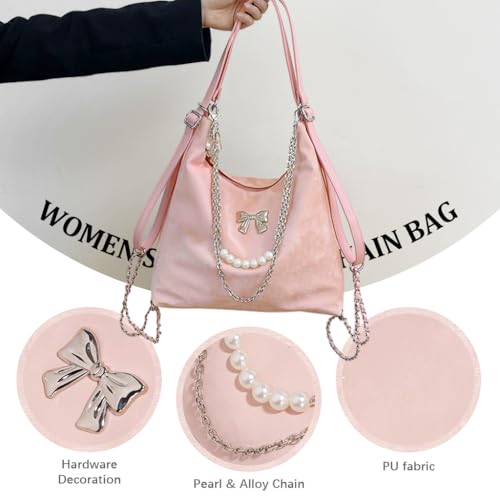HASTHIP® PALAY Crescent Hobo Bag para Mujer,Bolsa de Hombro y Cruzada de Nailon,con Múltiples Bolsillos Bolso Casual Viaje Bolso Mano Convertible con Cadena y Lazo Rosa