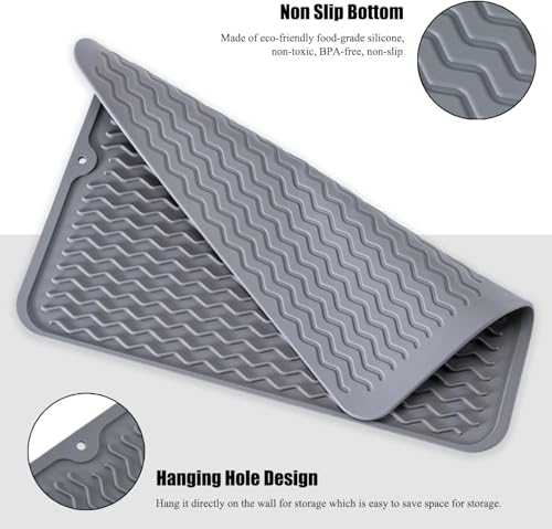 HASTHIP® Kitchen Silicone Dish Drying Mat, Large Silicone Counter Mat, Quick Dry Drain Pad with Wavy Grooves, Anti Slip Coffee Mat, Sink Draining Board Mat for Dish, Cup & Utensils, 40x30cm, Grey