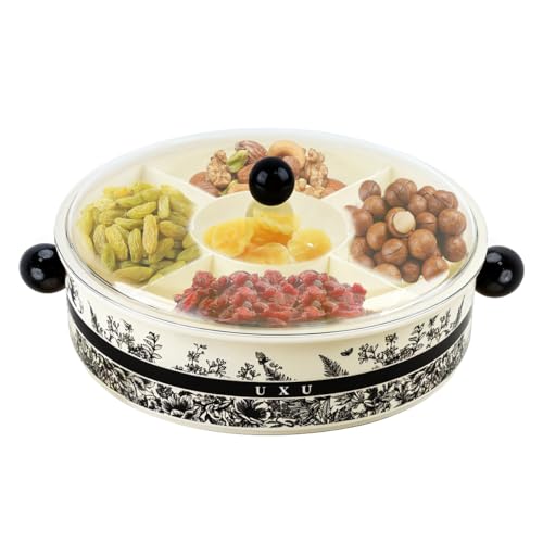 HASTHIP® 13 inch Dry Fruit Container Round Snack Serving Tray with Lid 5 Compartments Design Elergant Kitchen Party Organizer Food Serving Tray for Deli, Snacks, Nuts, Tea Bag