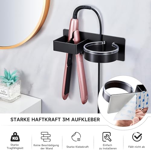 HASTHIP® Wall Hair Dryer Organizer, No Drill Carbon Steel Wall Hair Styling Tool Hair Dryer Storage Rack with Cable Management, Bathroom Wall Organizer with Installation Accessories
