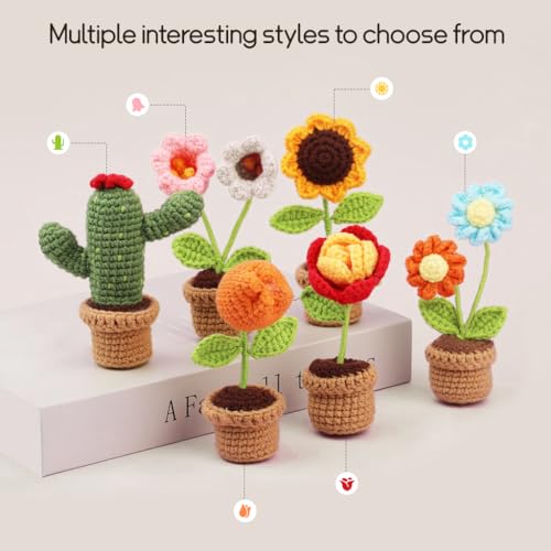 HASTHIP® NAWOKEENY Crochet Kit for Beginners,DIY Crochet Art Material Kit with 6Pcs Mini Flower Pots,Yarn Hooks & Accessories Starter Friendly Set for Adults/Kids Home Decor Gift Ideas