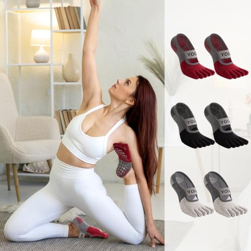 HASTHIP® 3 Pairs Yoga Socks for Women, Breathable Cotton 5-Toe Socks for Women, Anti Skid Women Socks, Elastic Strap Design for Pilates, Dance, Barre, Home Workout & Barefoot Fitness