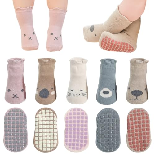 HASTHIP® 5 Pairs Baby Socks Set 1-3 Years, Antislip Socks for New Born Baby, Non Slip Grip Ankle Socks with Non Skid Soles Infants Socks for Toddler Baby Girls Boys 12-36 Months Baby Shower Gifts