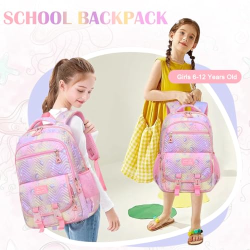 HASTHIP® Girls School Backpack, Jellyfish Print Bookbag, Multi-Compartment Cartoon Backpack, Lightweight Schoolbag, Birthday Gift for Girls