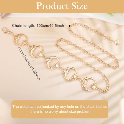 HASTHIP® Gold Waist Chain Belt for Women,Moon Star Metal Waist Chain for Dresses Saree Jeans,Adjustable Body Fashion Belt Party Suit Blazer or Evening Gown