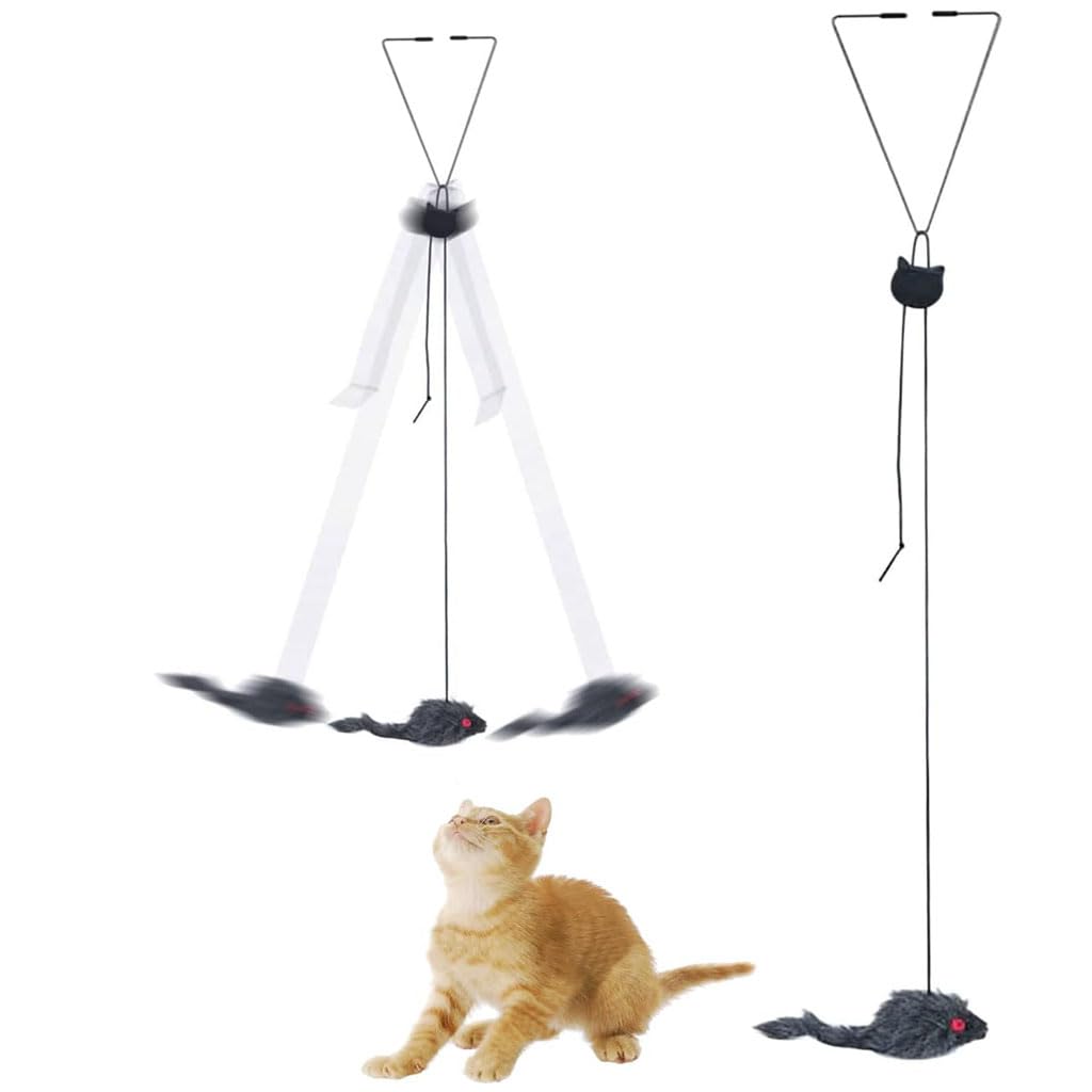 HASTHIP® Juguete Interactivo para Gatos,Varita con Cuerda Elástica Ajustable y Cinta Colorida,Juguete Colgante con Ratón de Felpa Teaser para Gatos de Interior Ejercicio y Diversión