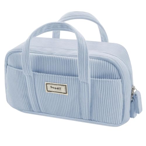 HASTHIP® Large Pencil Pouch for Girls Boys,Extra Big Case with 5 Compartments,Zippered Organizer for Women Cute Blue Aesthetic School Supplies Teens