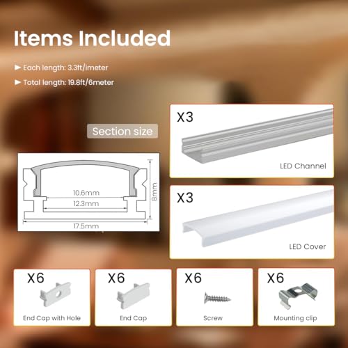 HASTHIP® 3 Pack 3.3ft Aluminum LED Channel with Diffused Cover, Heat-Dissipating Wall Mount Raceway for Under Cabinet Lighting, Compatible with LED Strips, Easy Install System