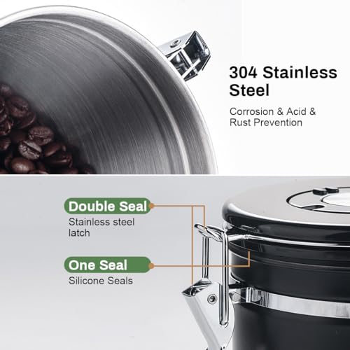 HASTHIP® Coffee Bean Canister 63oz/1.8L, Airtight Stainless Steel Food Storage Container with Lid, Date Tracker & Clear Window, Kitchen Organizer Jar for Coffee, Tea, Sugar, Flour, Pantry Organization