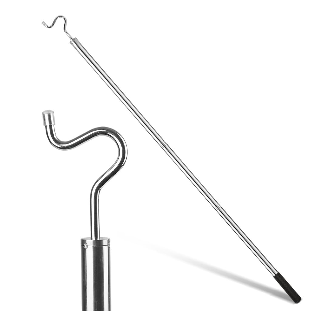 HASTHIP® Exble Closet Pole with Hook, 35-50 Inch Stainless Steel Telescopic Clothes Reacher Rod, Heavy Duty Pole for Hanging Clothes, Plants, Curtains, Lights - Black