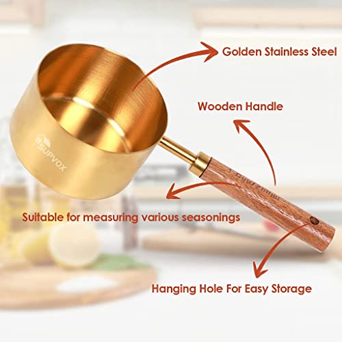 HASTHIP® Measuring Cups and Spoons with Wood Handle Set of 8, Stainless Steel, Golden Polished