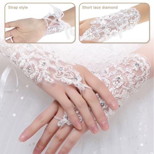 HASTHIP® Guantes de Encaje Blanco sin Dedos para Mujer - Guantes de Boda Elásticos Malla Elegantes para Novia,Damas Honor,Fiesta y Vestidos Formales