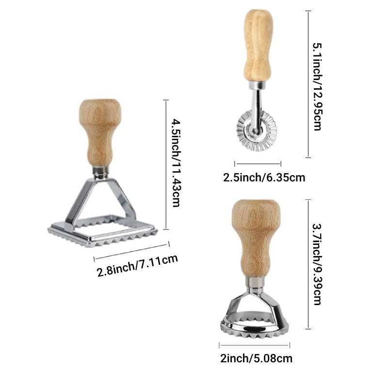 HASTHIP Ravioli Stamp Maker Cutter Set of 3 with Wooden Handle and Fluted Edge for Pasta | Food‑Grade Stainless Steel