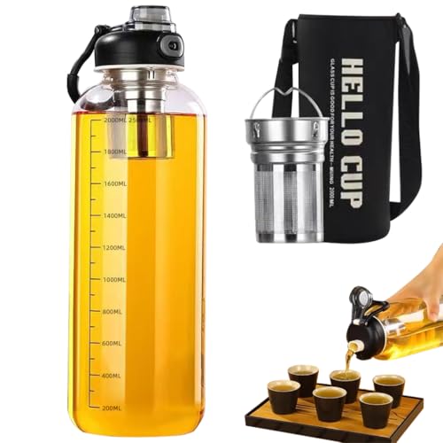 HASTHIP® HOOJO 2.5L Large Glass Water Bottle with Tea Infuser, Insulation Bag, Leakproof Flip Lid & Nozzle, Wide Mouth, Heat Resistant, Reusable Sports Water Jug for Gym Travel Cold Brew Tea