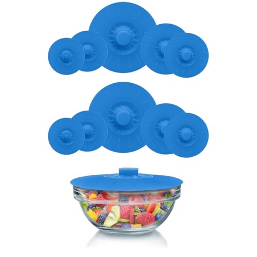 HASTHIP® 10Pcs Silicone Lids for Bowls 5 Sizes Reusable Microwave Safe, Food Grade Silicone Lid Cover Durable Heat Resistant Silicon Lids for Bowls, Pots, Pans, Dishes, Cans - Blue