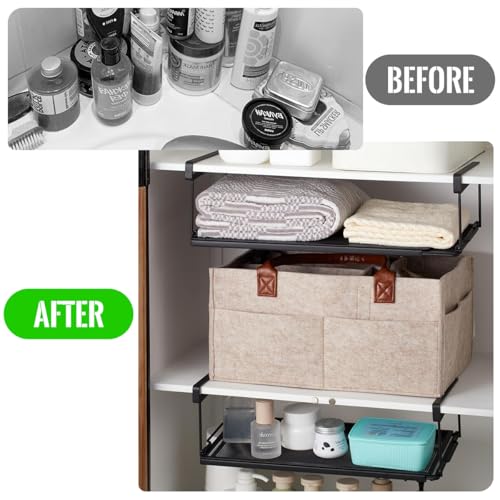 HASTHIP® Retractable Under Cabinet Shelf 2 Pack Expandable 38-70cm Metal Hanging Storage Rack For Kitchen Organization, Holds Seasoning Jars, Plates & More, Space-Saving Slide-In Design, Modern