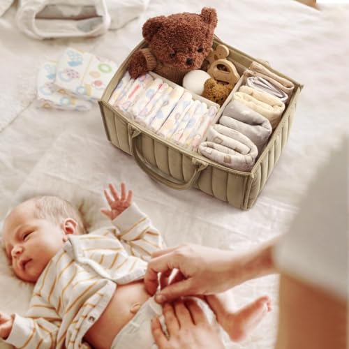 HASTHIP® BabyCaddy Baby Diaper Caddy Organizer, Portable Nursery Storage Basket with 3 Compartments, Soft Felt Handbag, Large Capacity Diaper Bag for Baby Essentials, Travel & Home Nursery Organizer,
