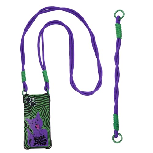 HASTHIP® Compatible with iPhone 15 Silicone Phone Case, Phone Lanyard & Phone Sling Strap Chic Purple Cat Printed Phone Case for iPhone 15 Purple Braided Nylon Rope Phone Sling Strap, Set of 3Pcs