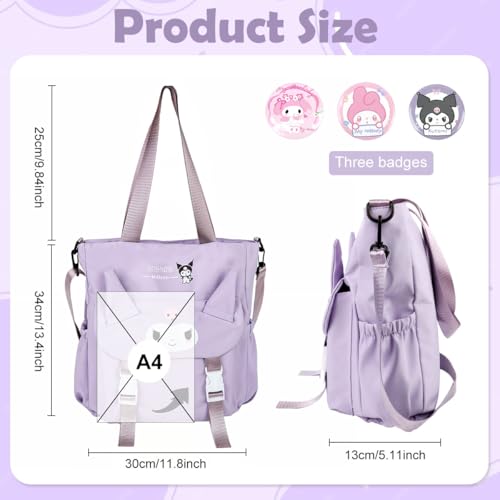 HASTHIP® Kawaii Tote Bag for Girls Kuromi Nylon Shoulder Bag School Girls Book Bag Casual Hand Bag with Removable Shoulder Strap Travel Shoulder Bag Birthday Gift Christmas Gift for Kids, 30x32x9cm
