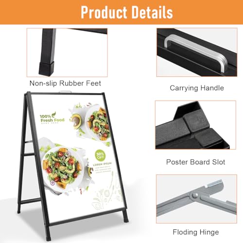 HASTHIP® 23.6x27.5 Inch Heavy Duty Metal Floor Sign Display Stand, Double-Sided & Folding with Handle, Versatile & Portable Standalone Holder for Shop, Restaurant, Events and Indoor/Outdoor Use